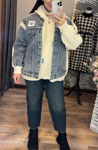 Denim and Knit Patchwork Hooded Jacket