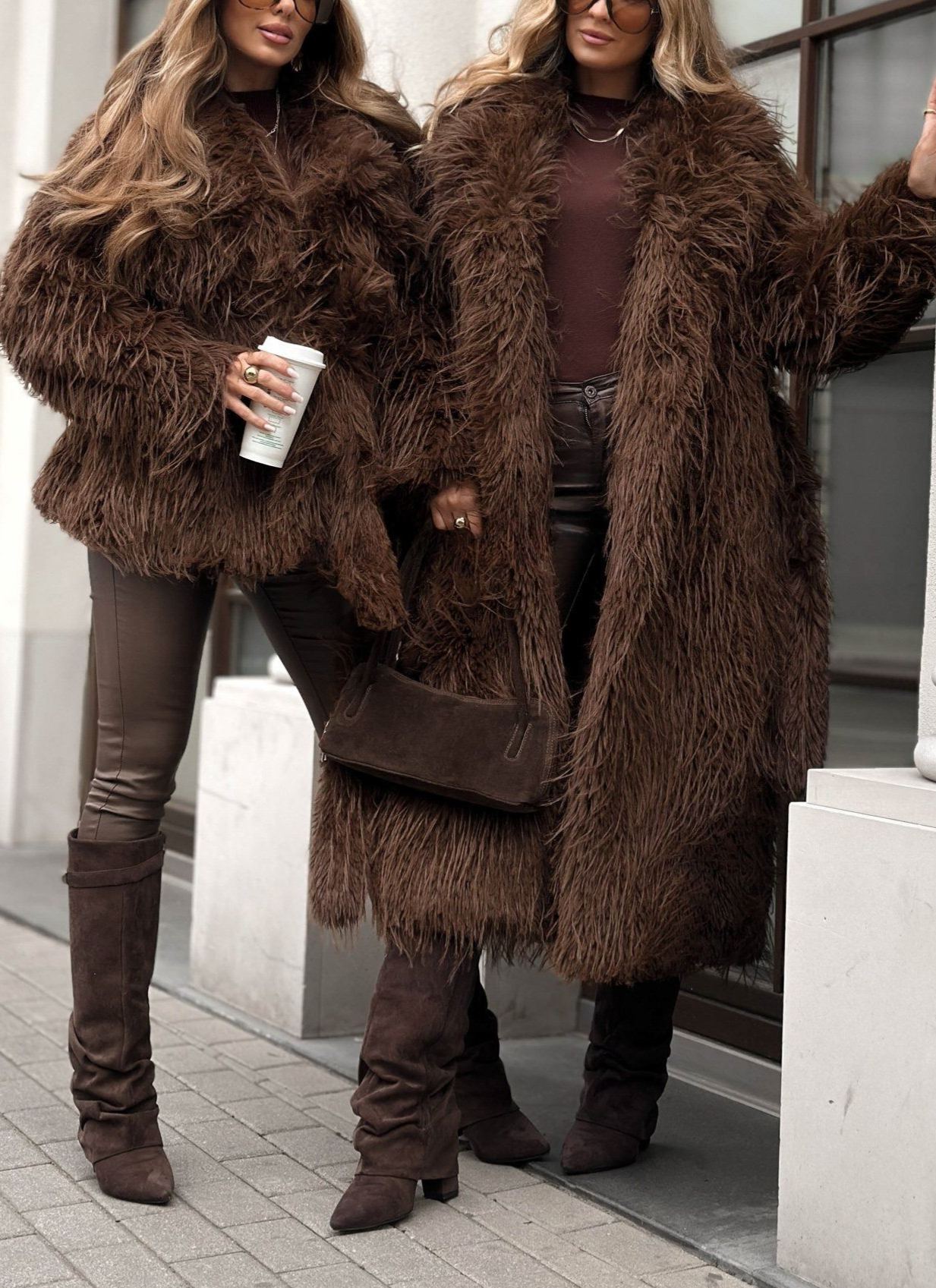 Long Wool-Blend Faux Fur Coat