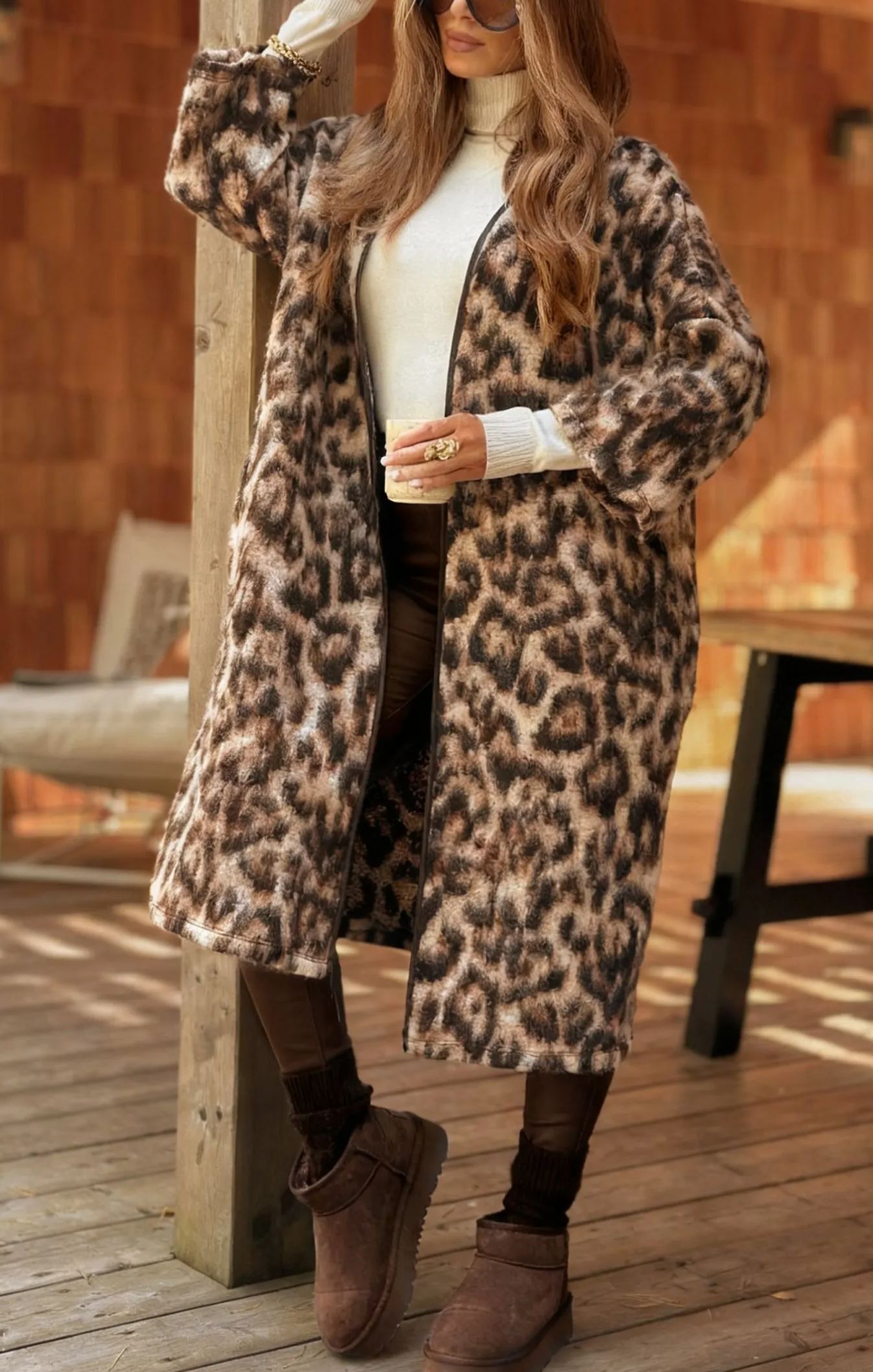Long wool cardigan in leopard print Sultry Fave beige