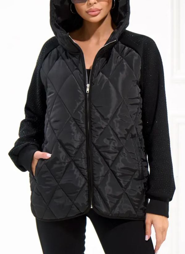Quilted Jacket with Embellished Sleeves and Graphic Detail