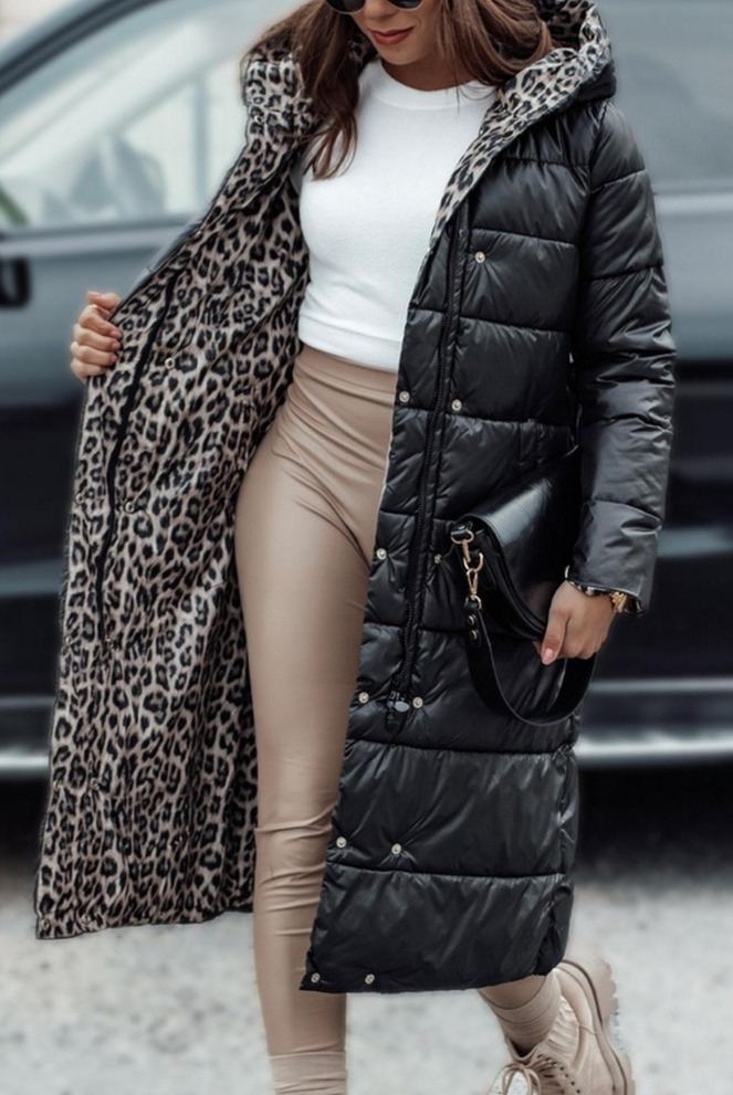 Reversible Down Coat with Leopard Print and Solid Design