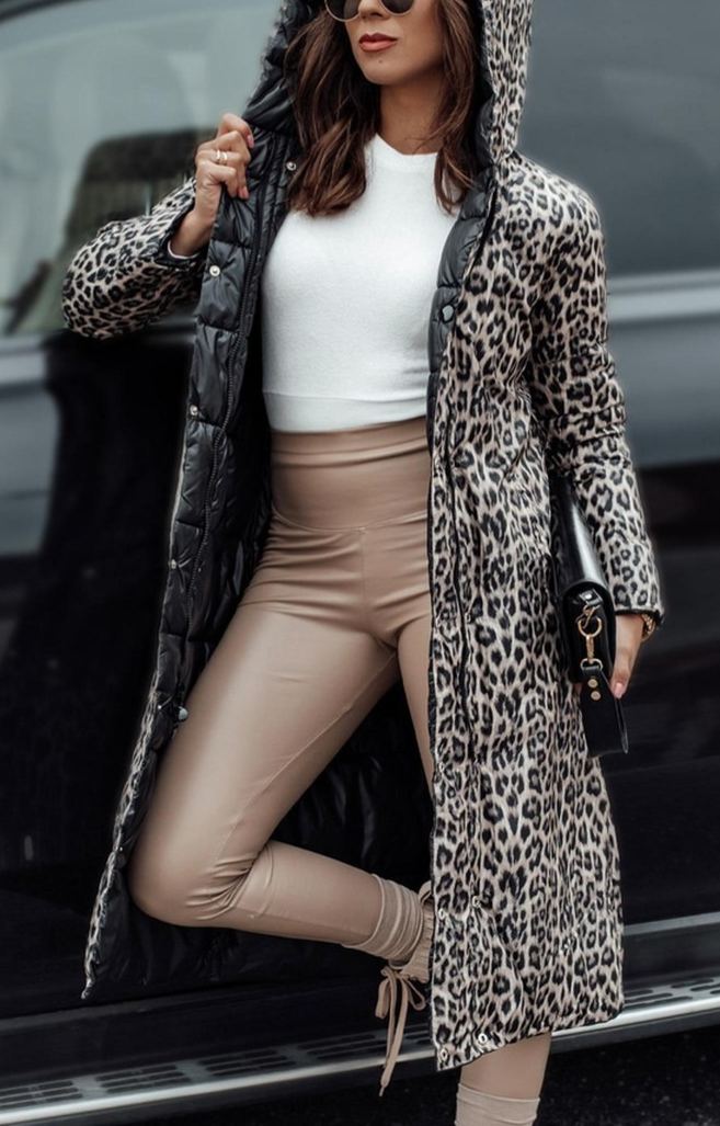 Reversible Down Coat with Leopard Print and Solid Design