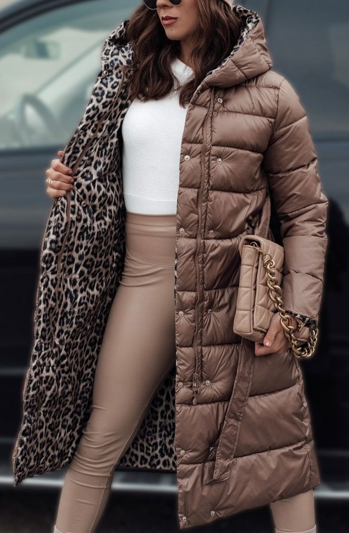 Reversible Down Coat with Leopard Print and Solid Design
