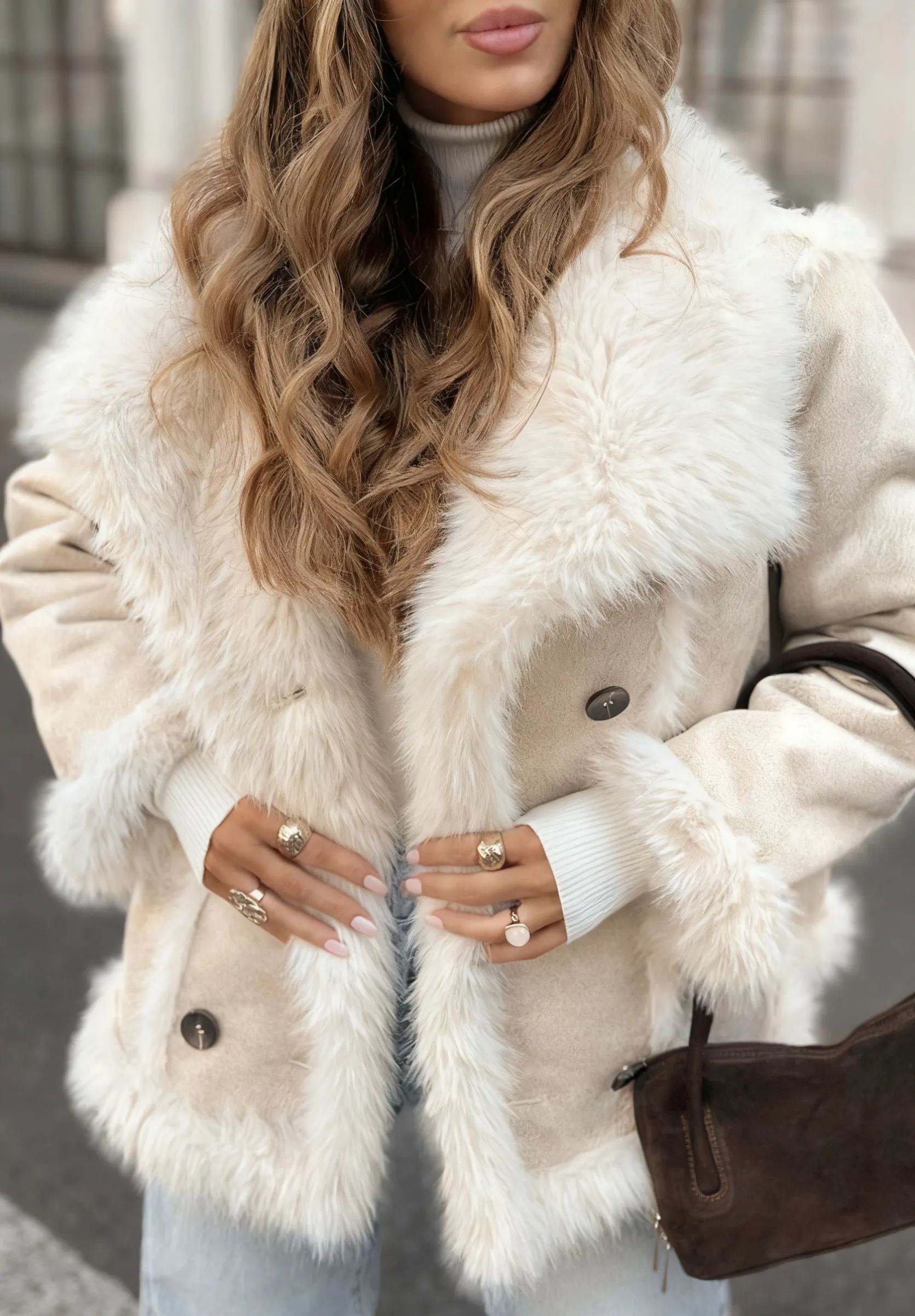 Mocha-colored double-faced suede fur coat