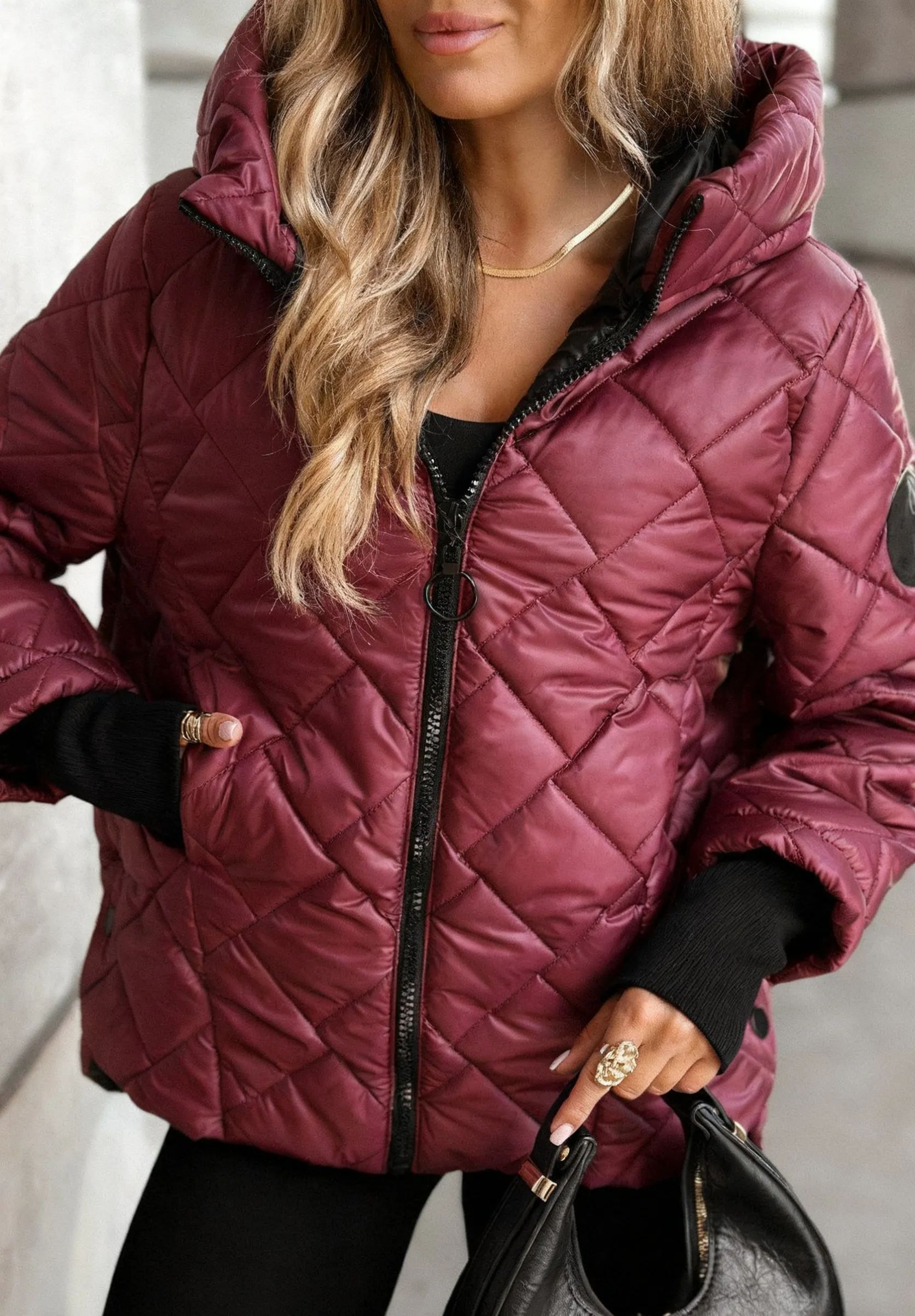 Burgundy Quilted Hooded Jacket