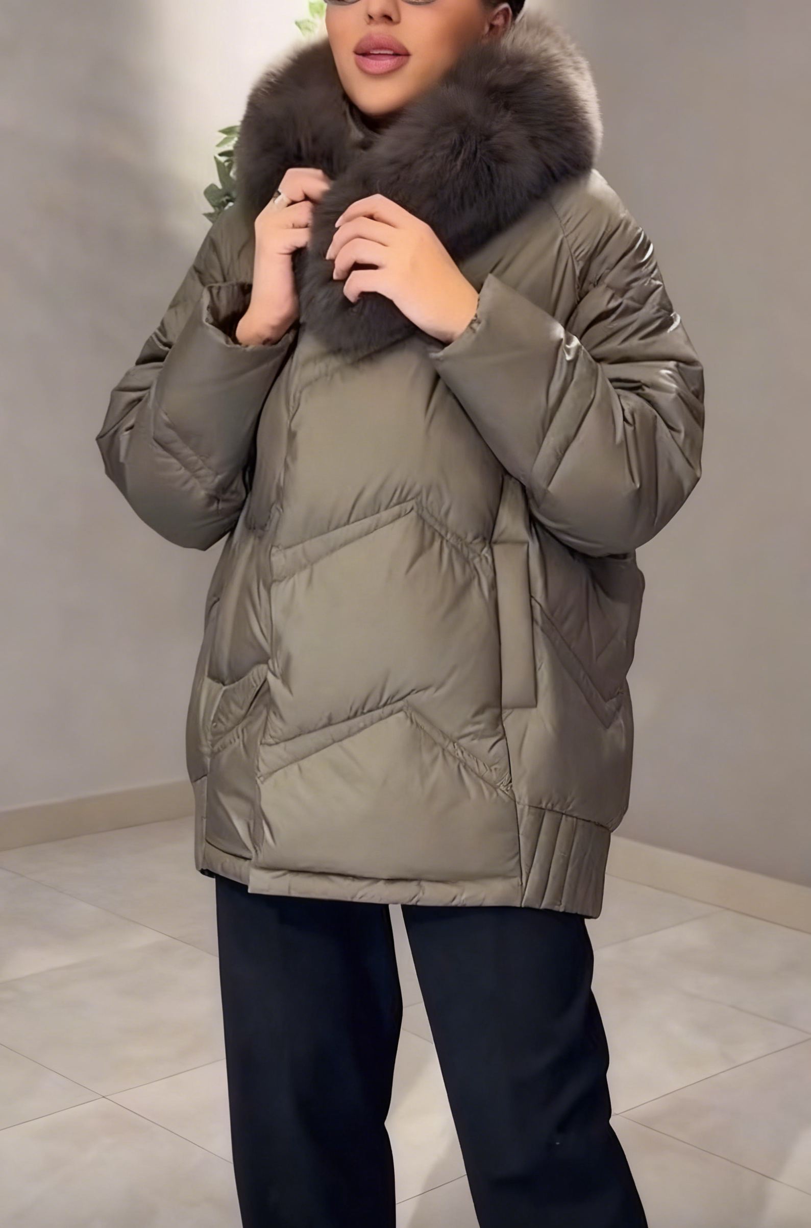 Quilted down jacket with fur collar