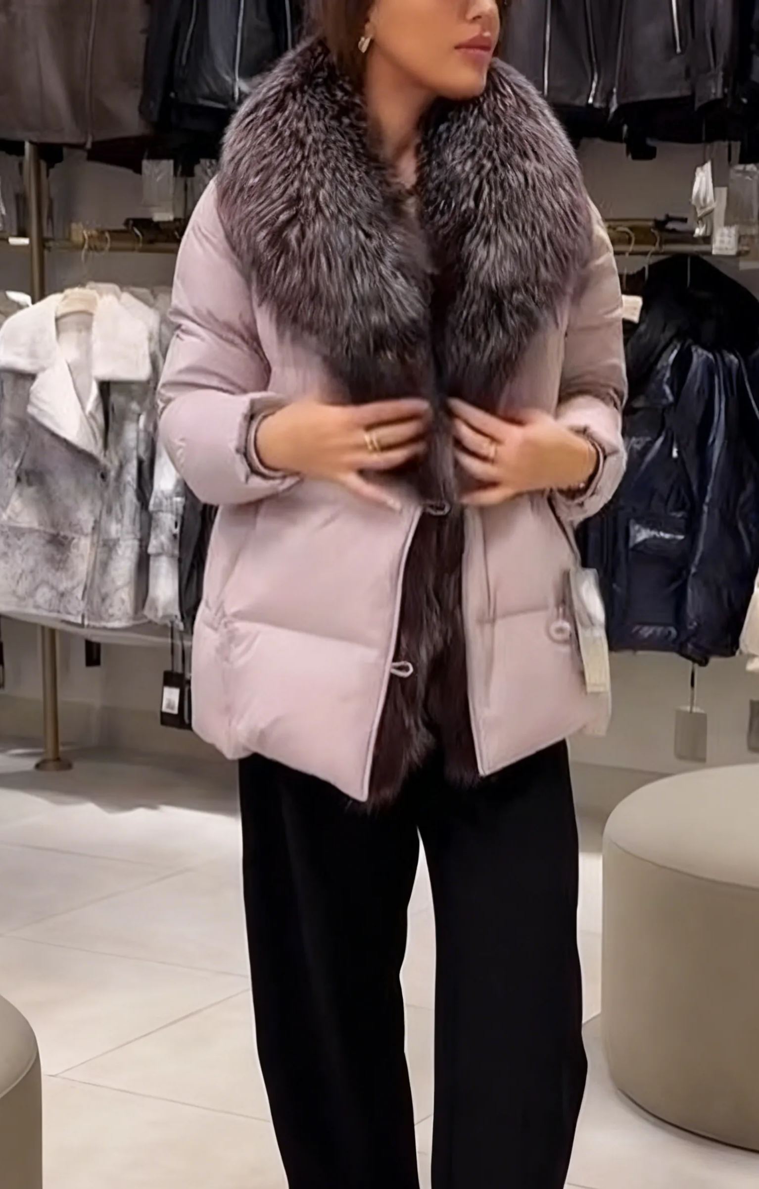 Belted Puffer Jacket with Fur Collar