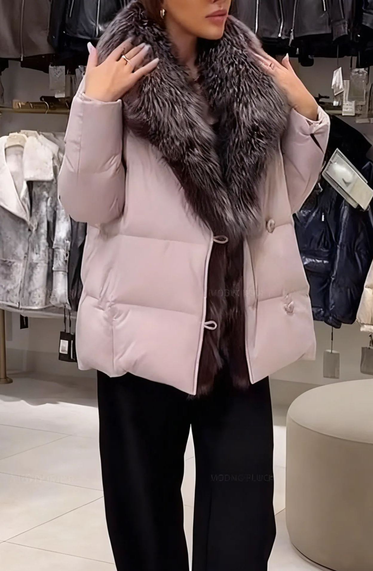 Belted Puffer Jacket with Fur Collar