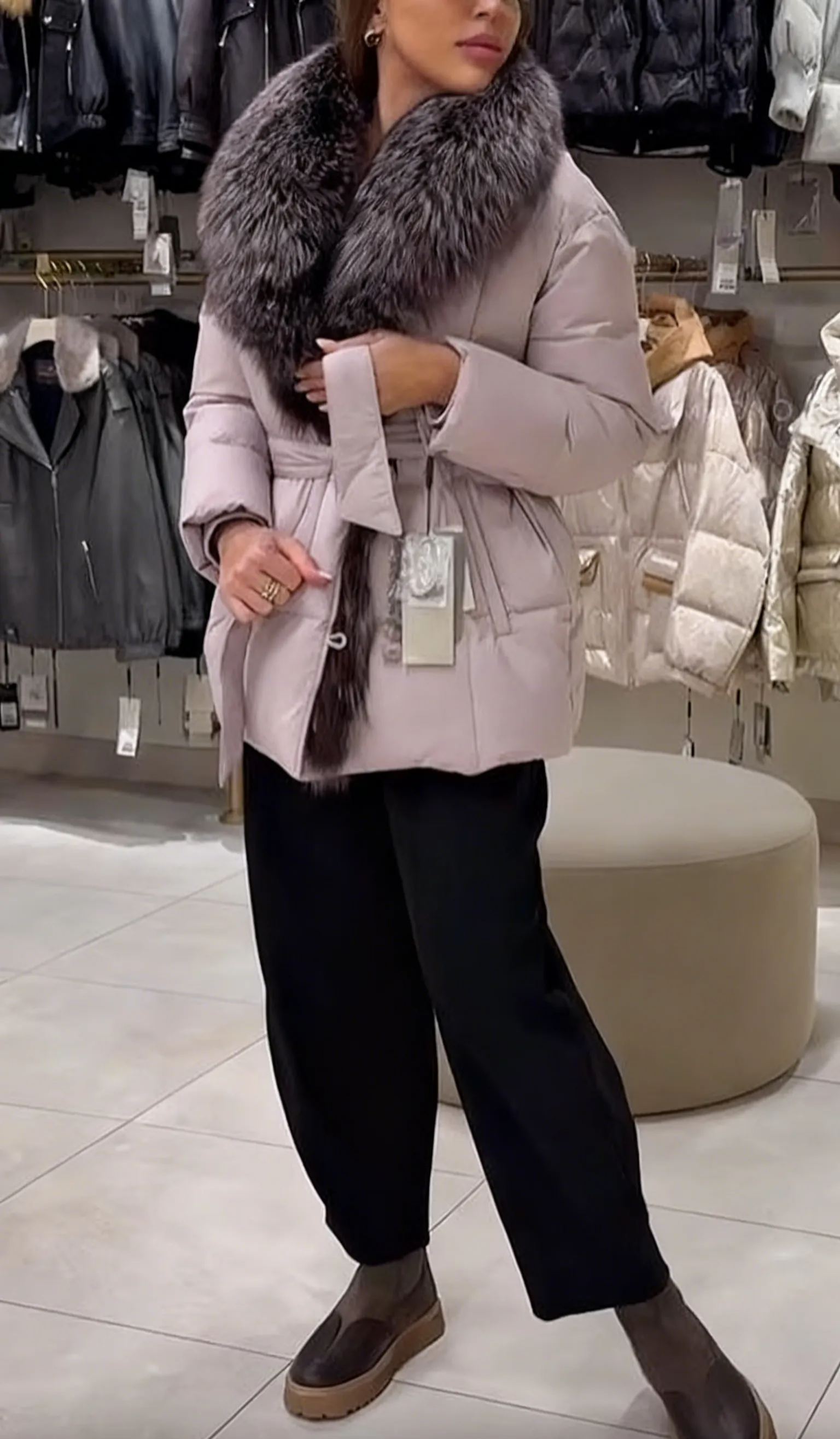 Belted Puffer Jacket with Fur Collar