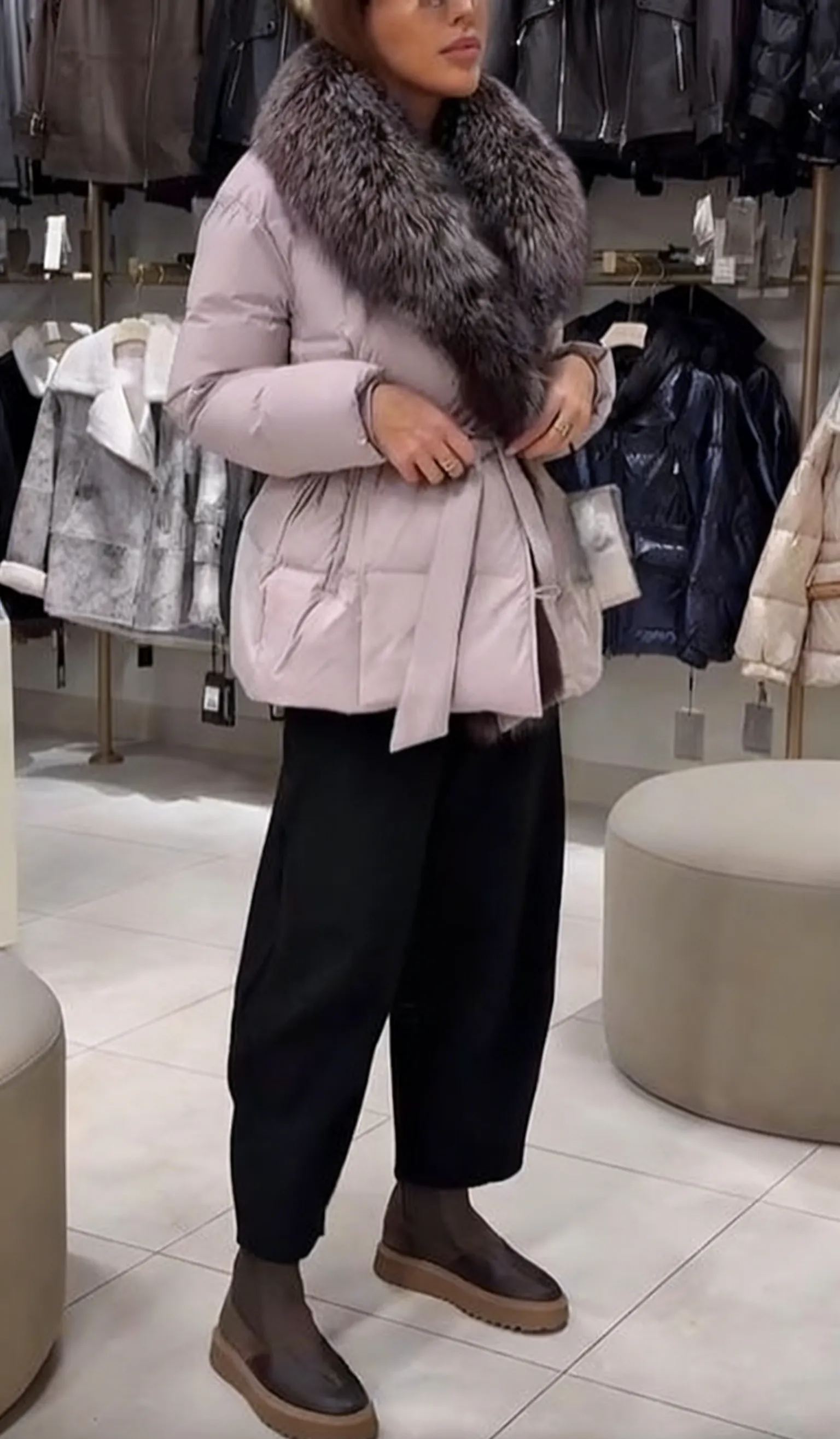 Belted Puffer Jacket with Fur Collar