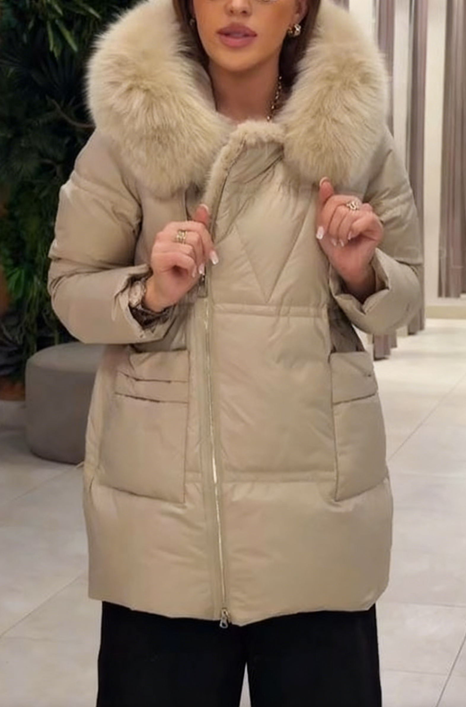 Fur-Trimmed Diamond-Quilted Puffer Coat
