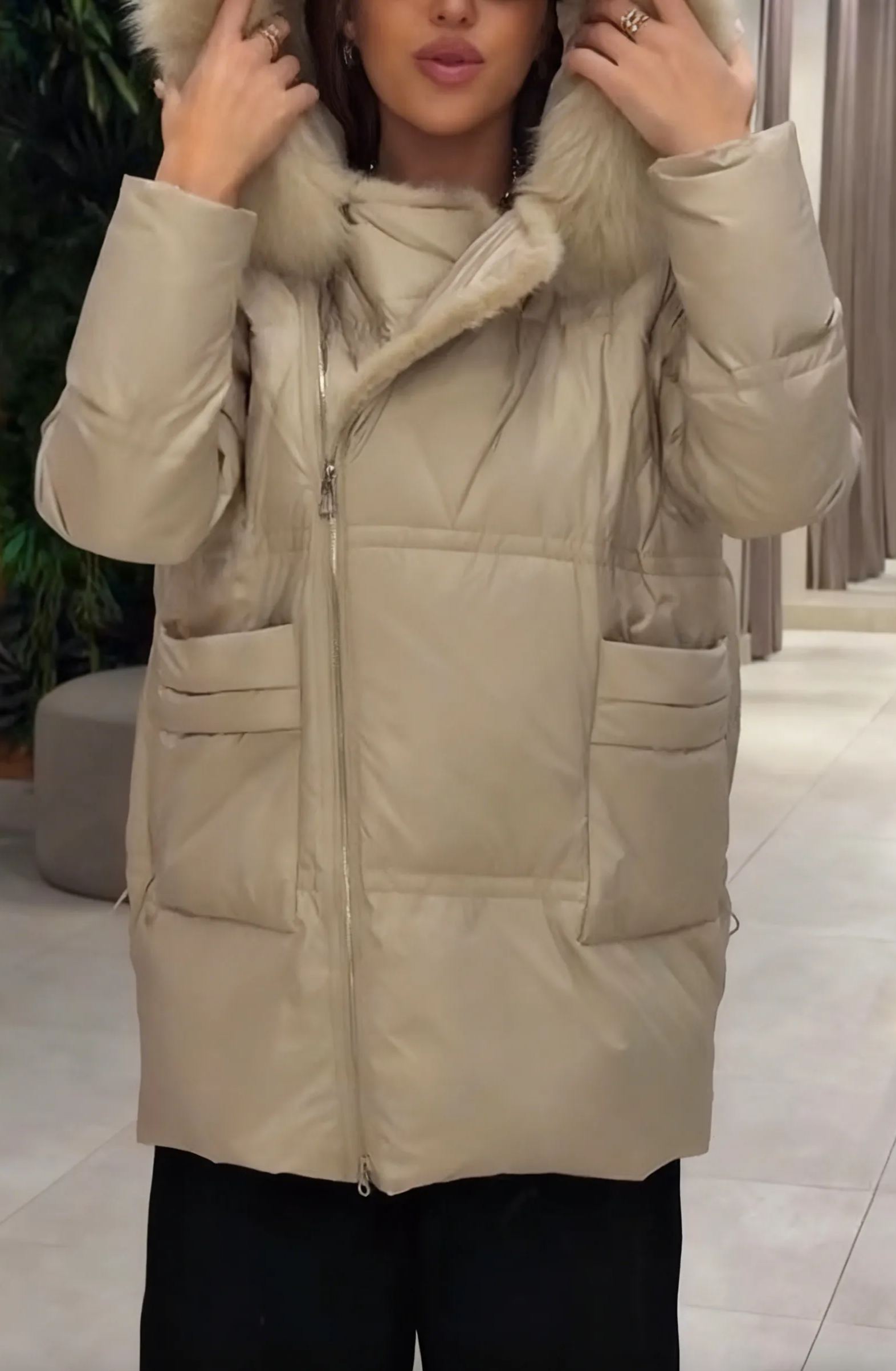 Fur-Trimmed Diamond-Quilted Puffer Coat