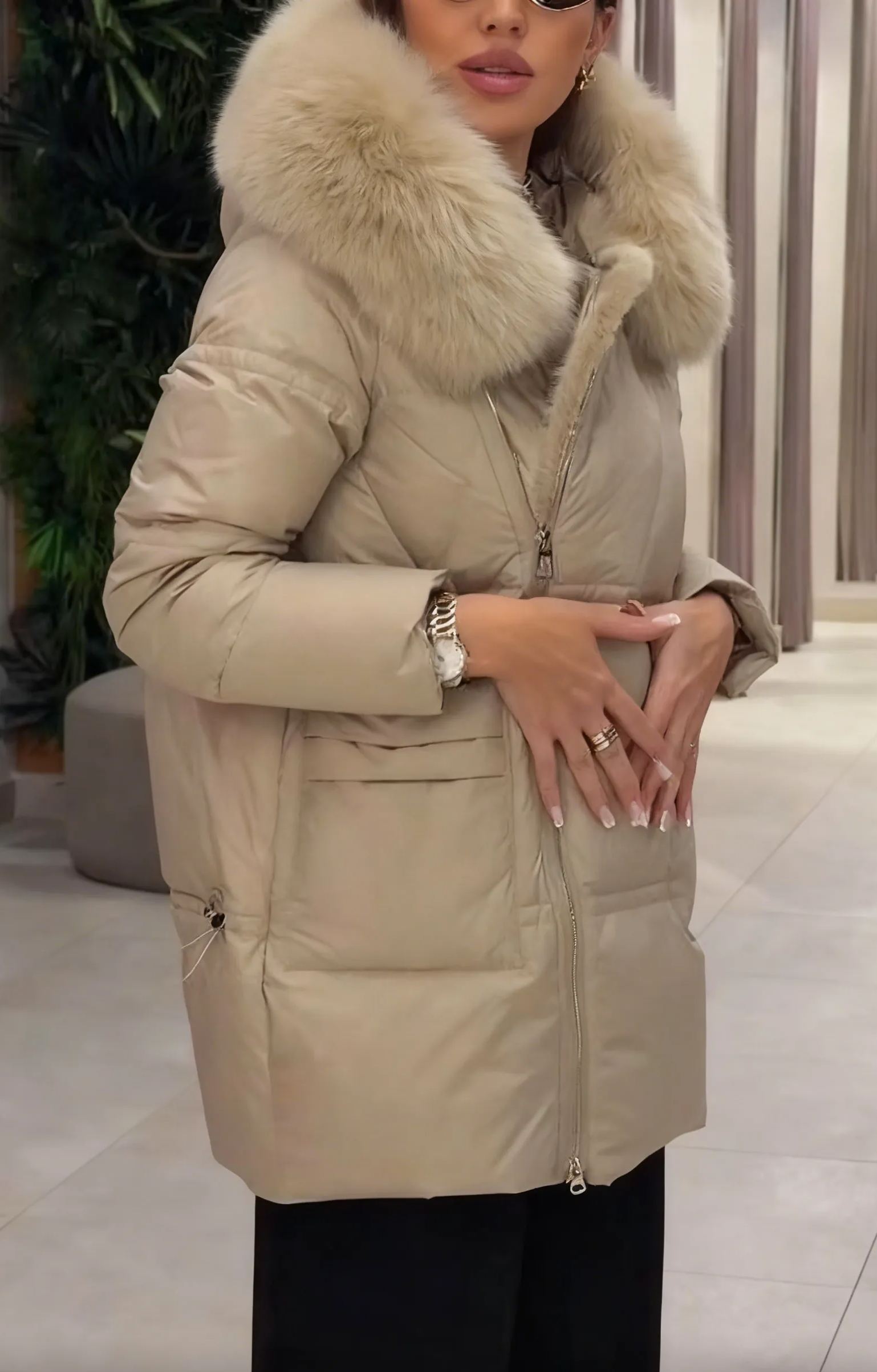 Fur-Trimmed Diamond-Quilted Puffer Coat