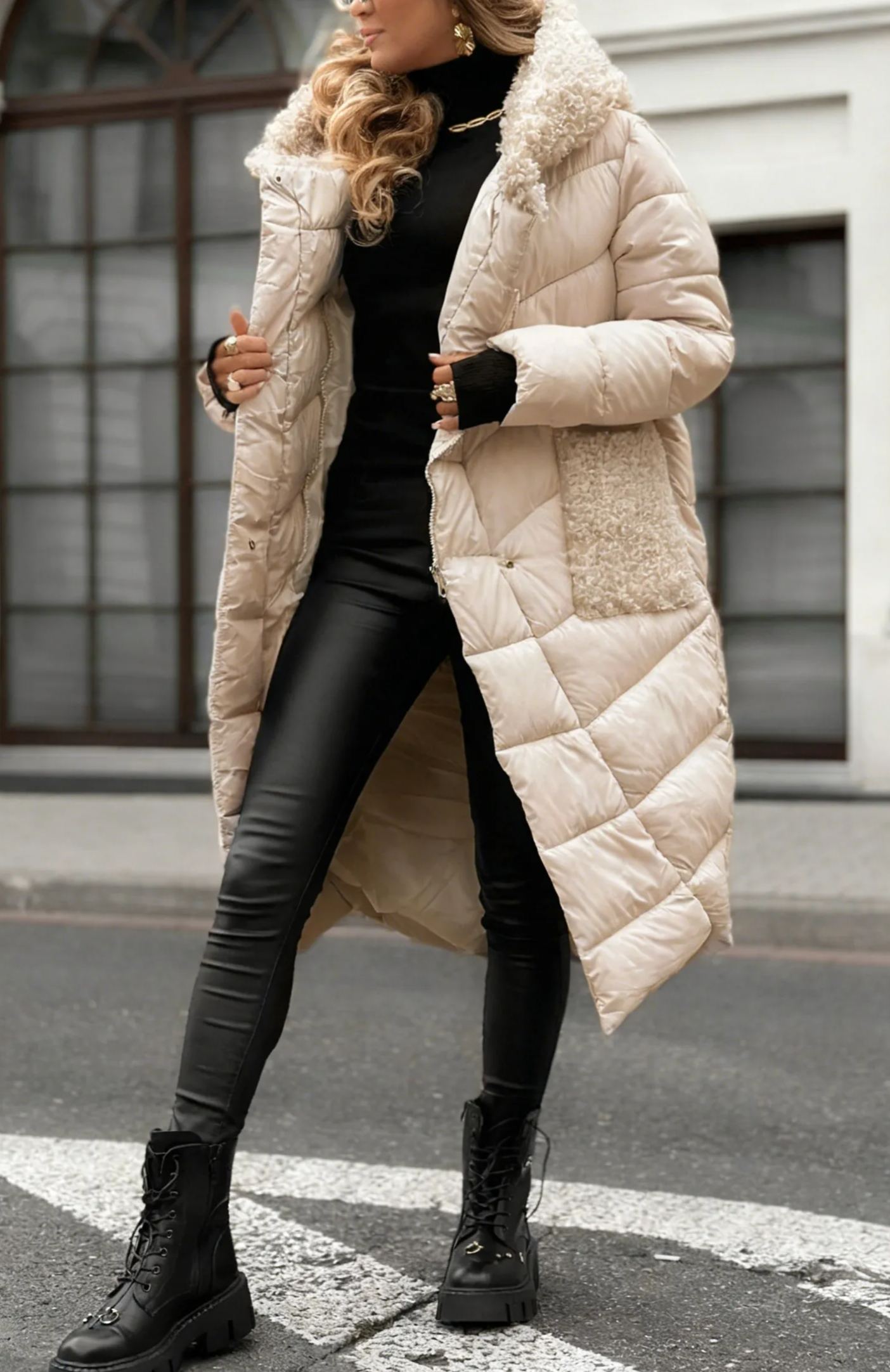 Longline Puffer Coat with Shearling Trim & Self-Tie Belt