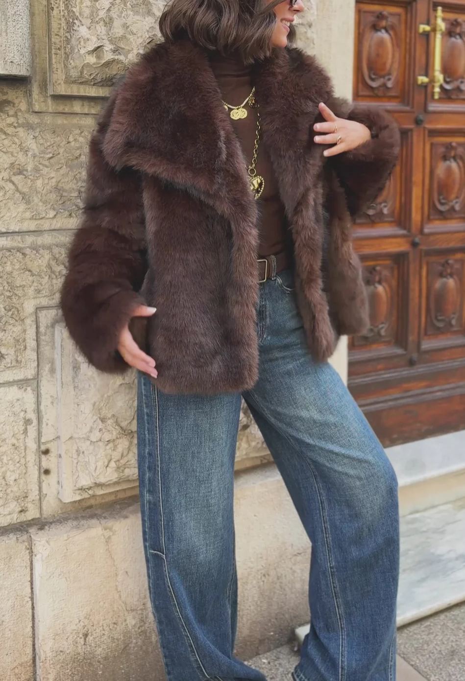 Short Faux Fur Coat with Wide Lapel Collar