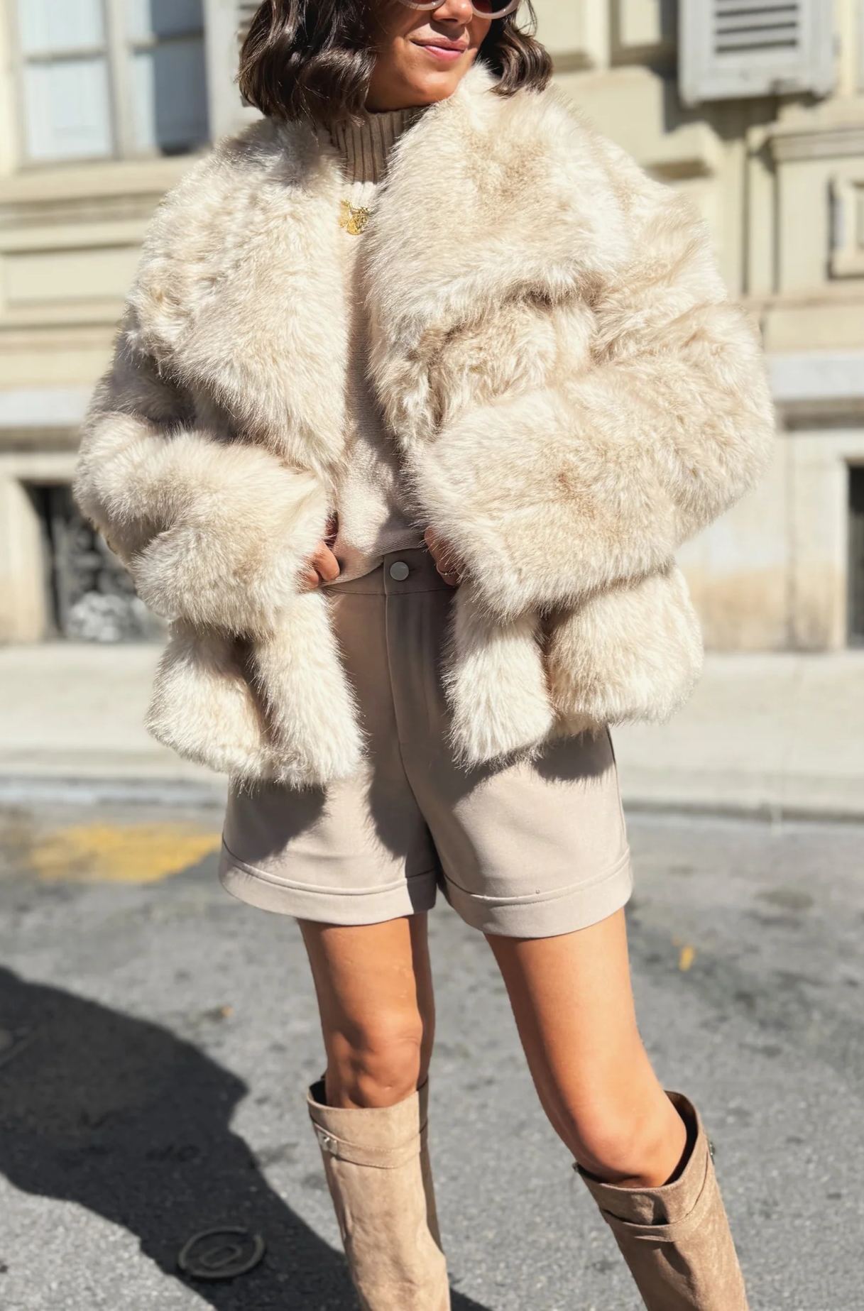 Short Faux Fur Coat with Wide Lapel Collar