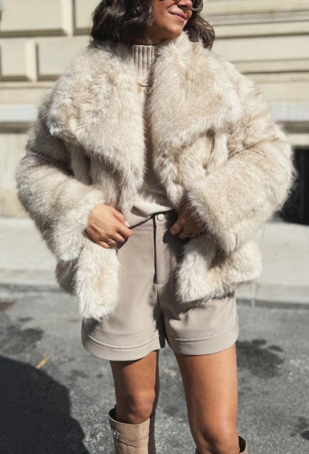 Short Faux Fur Coat with Wide Lapel Collar