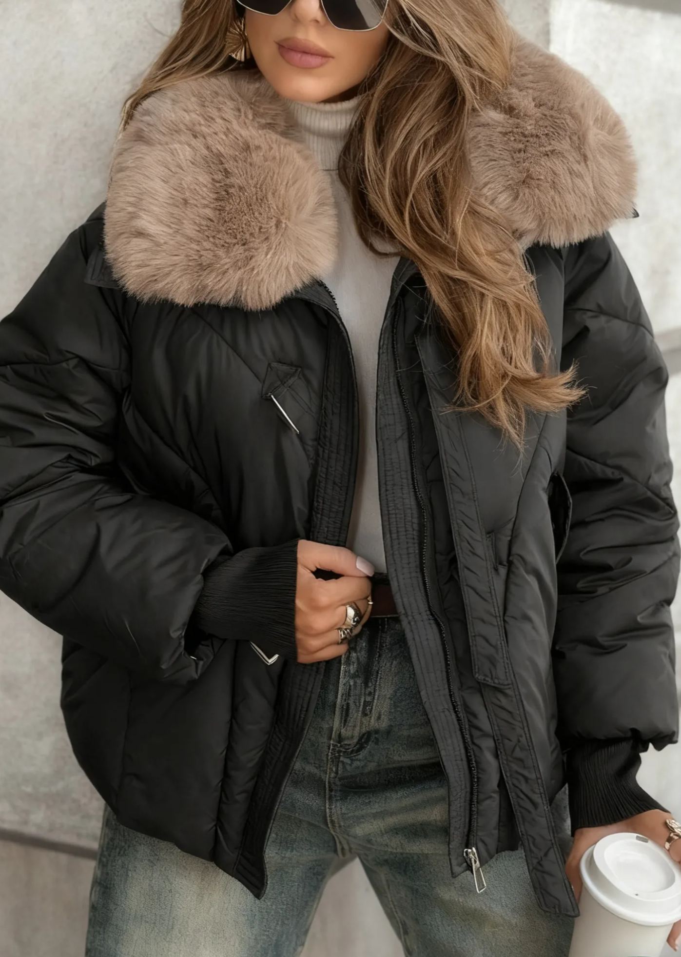 Faux Fur-Collar Puffer Coat with Metal Buckle Details