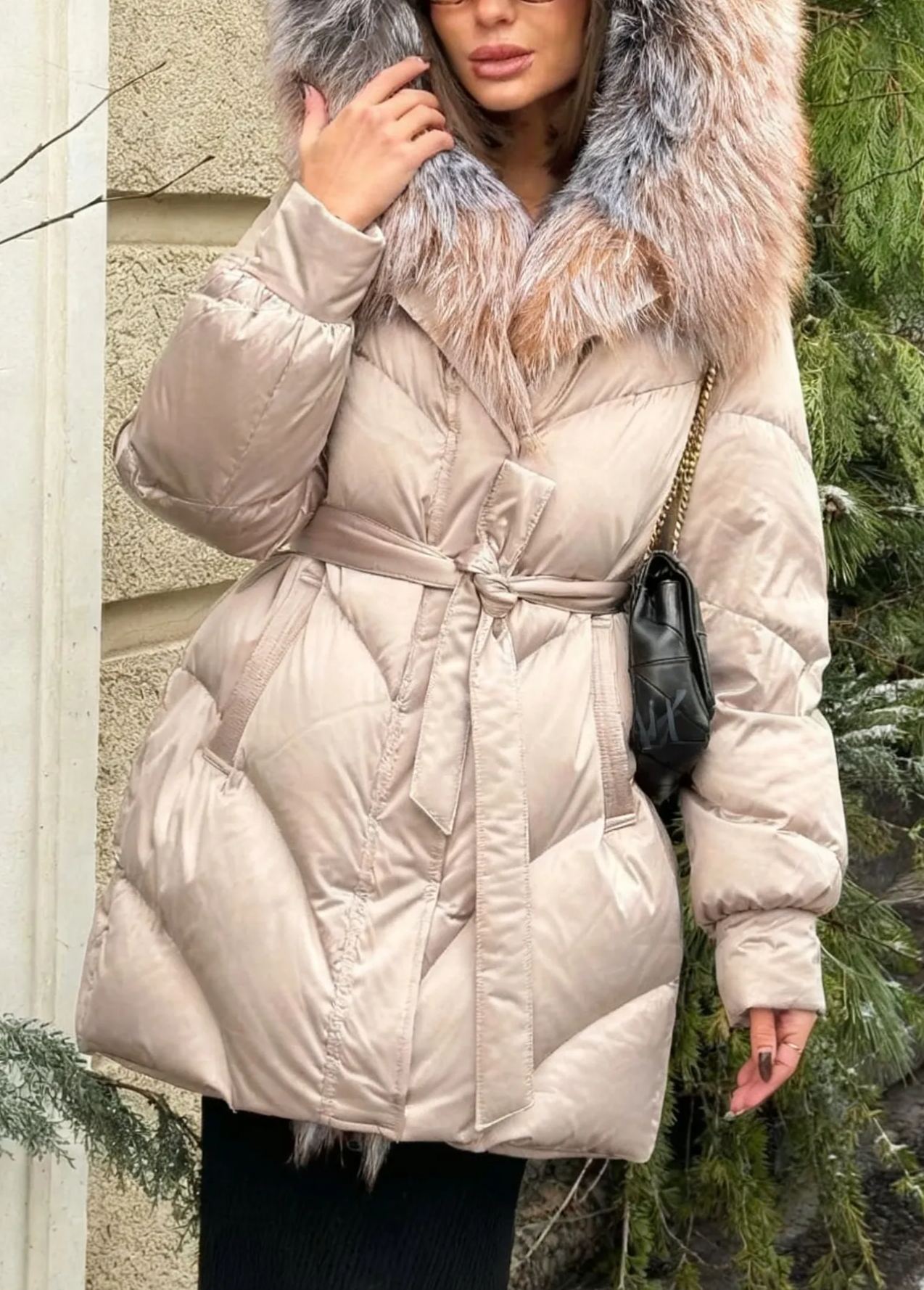 Hooded Puffer Coat with Multi-Tone Faux Fur Trim & Self-Tie Belt