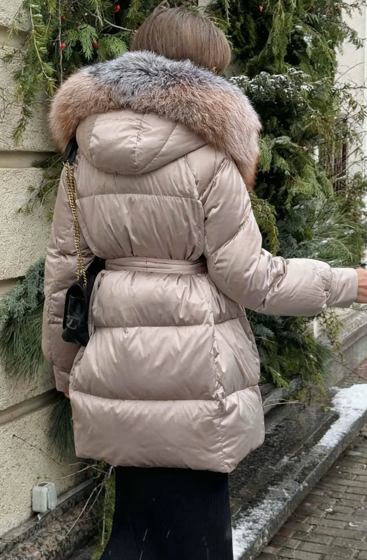 Hooded Puffer Coat with Multi-Tone Faux Fur Trim & Self-Tie Belt