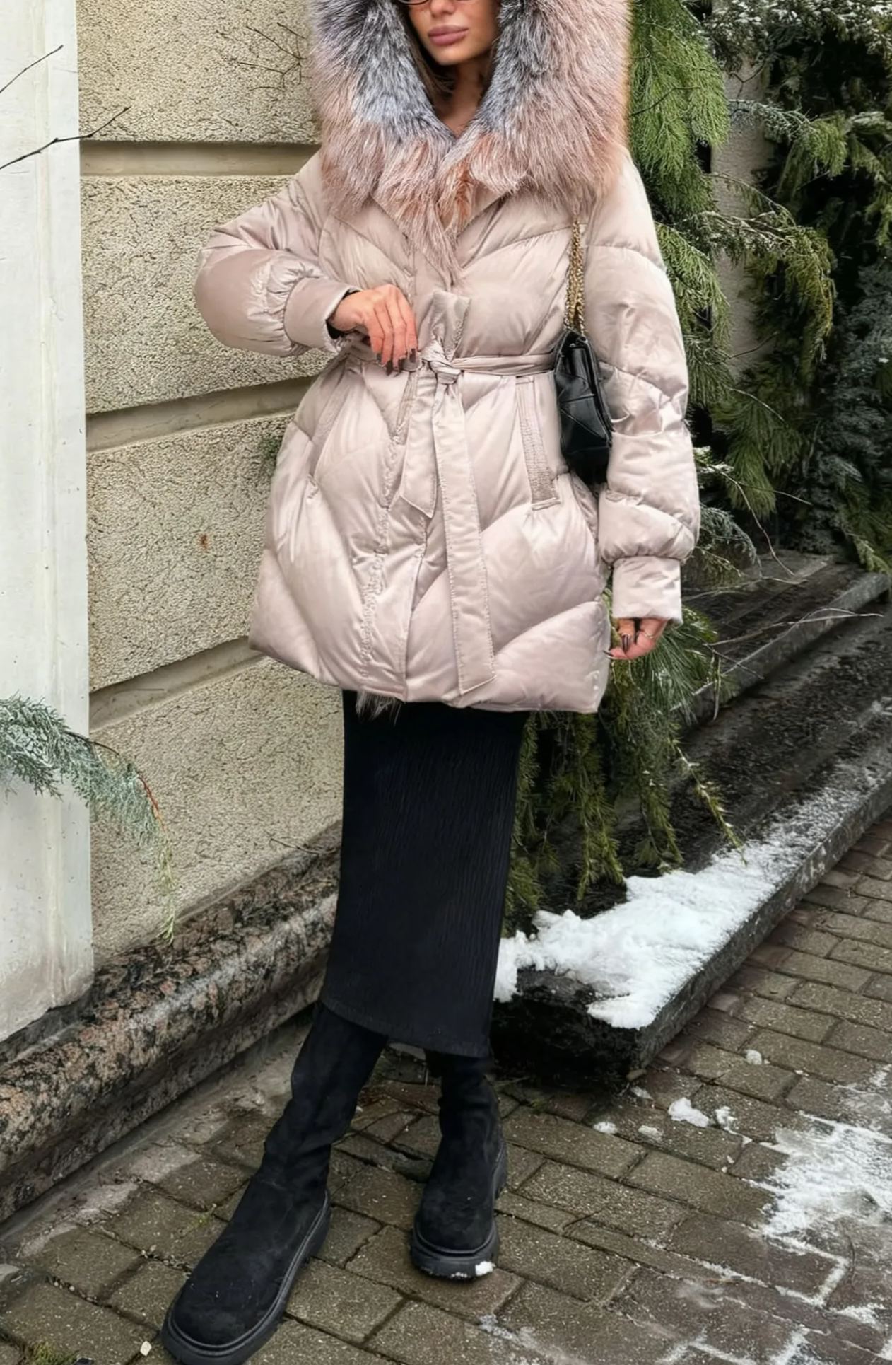 Hooded Puffer Coat with Multi-Tone Faux Fur Trim & Self-Tie Belt