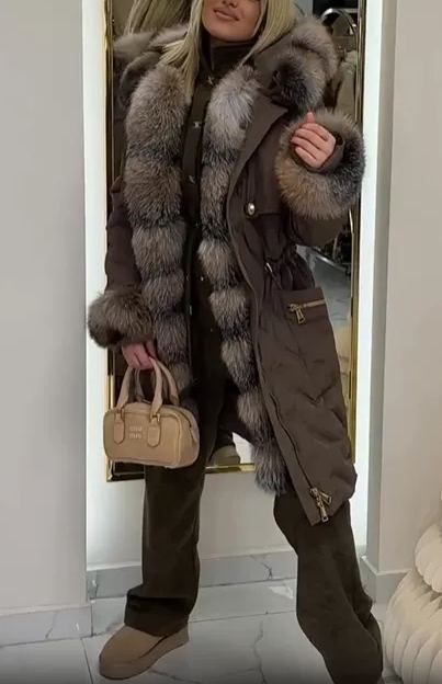 Mid-length hooded jacket with faux fur trim