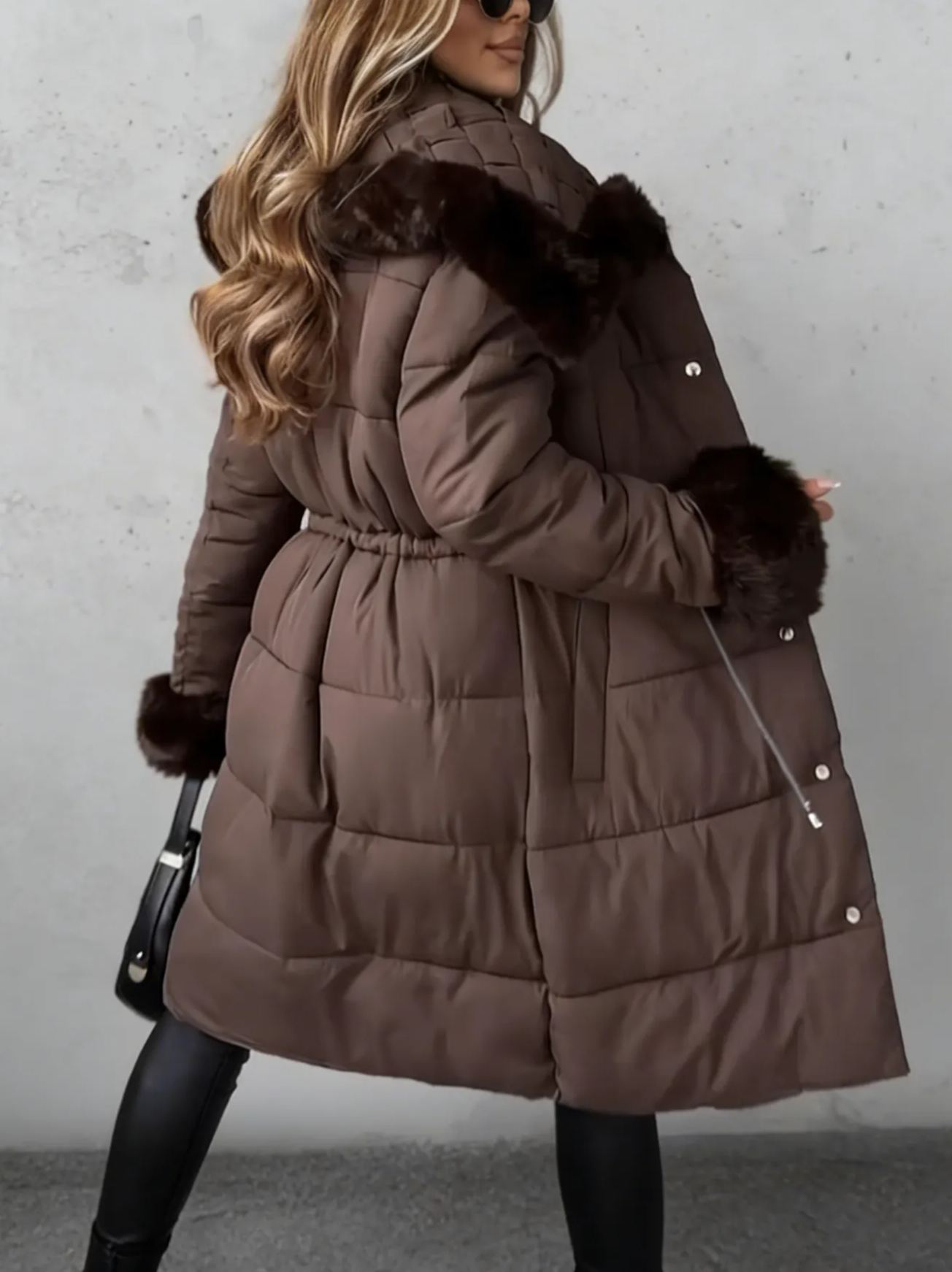 Mid-length down jacket with hood, accented with faux fur trim