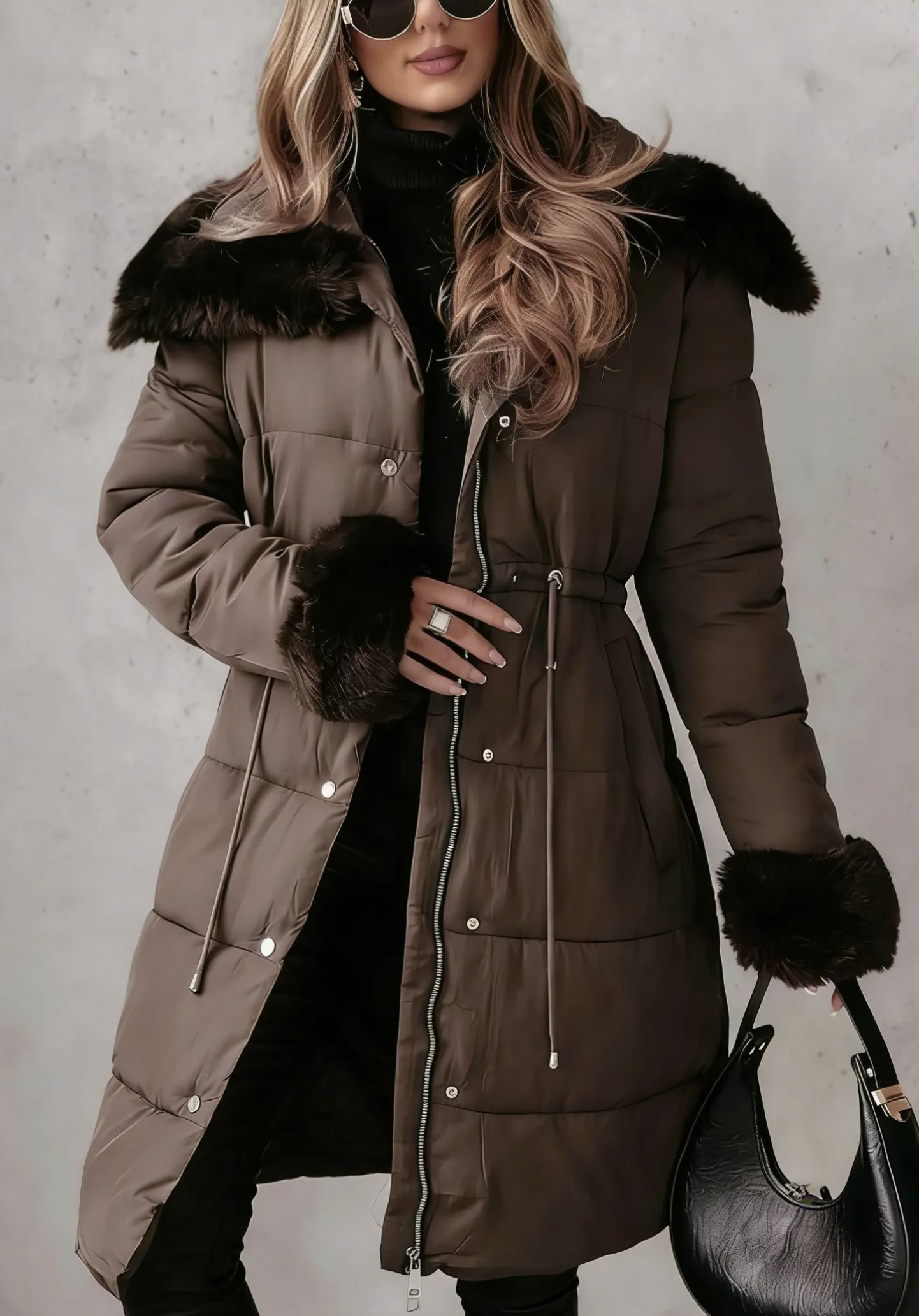 Mid-length down jacket with hood, accented with faux fur trim