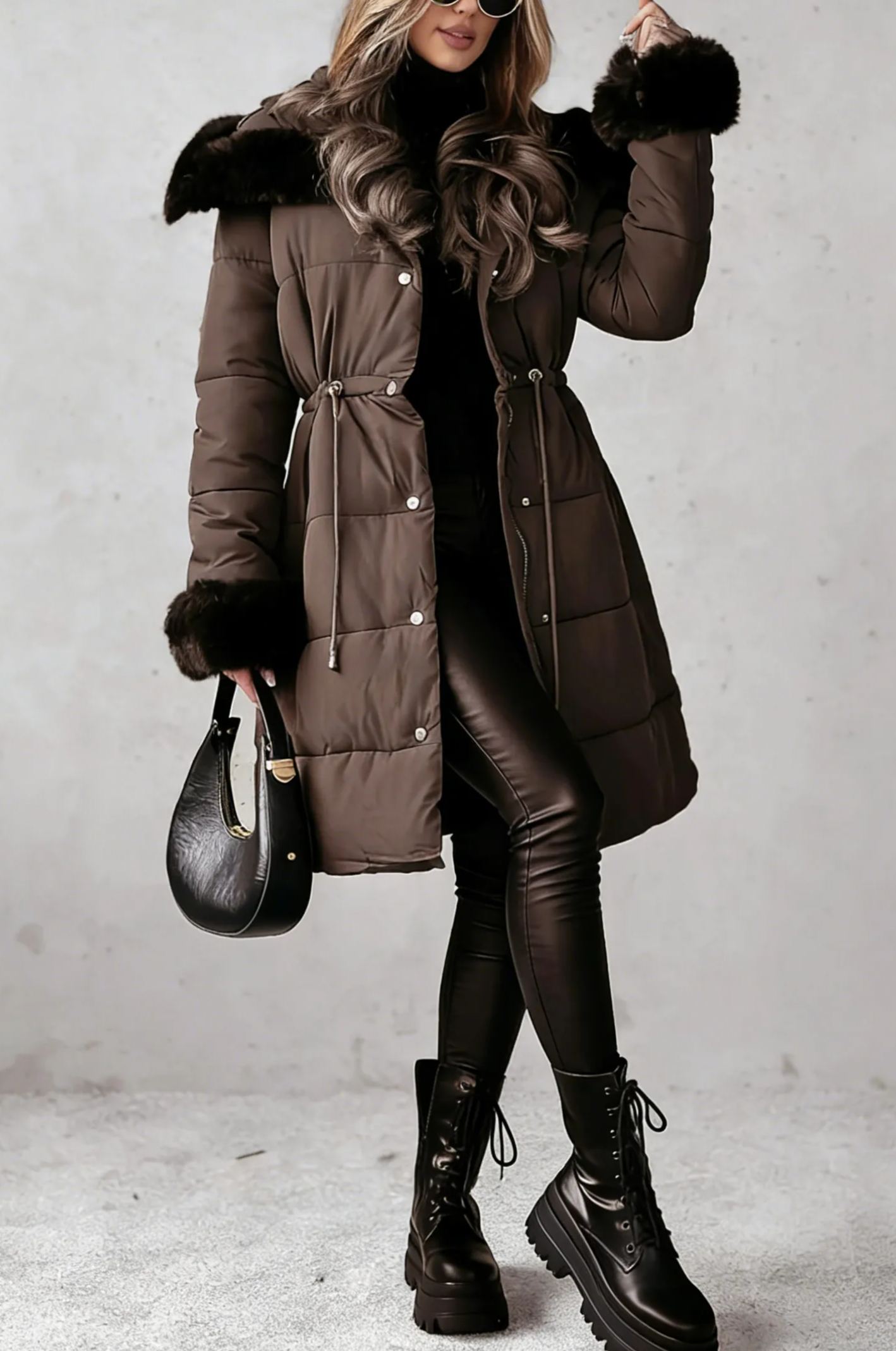 Mid-length down jacket with hood, accented with faux fur trim