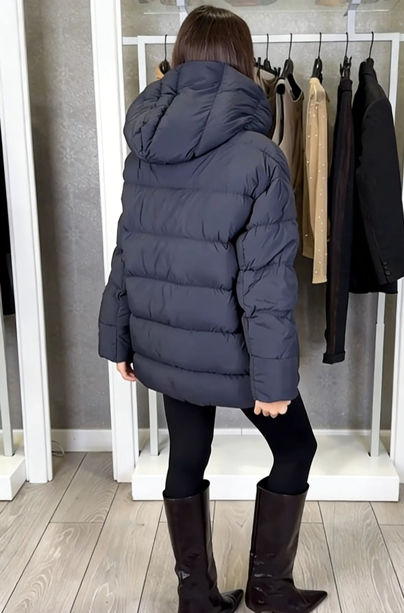Hooded Mid-Length Puffer Coat with Magnetic Closure