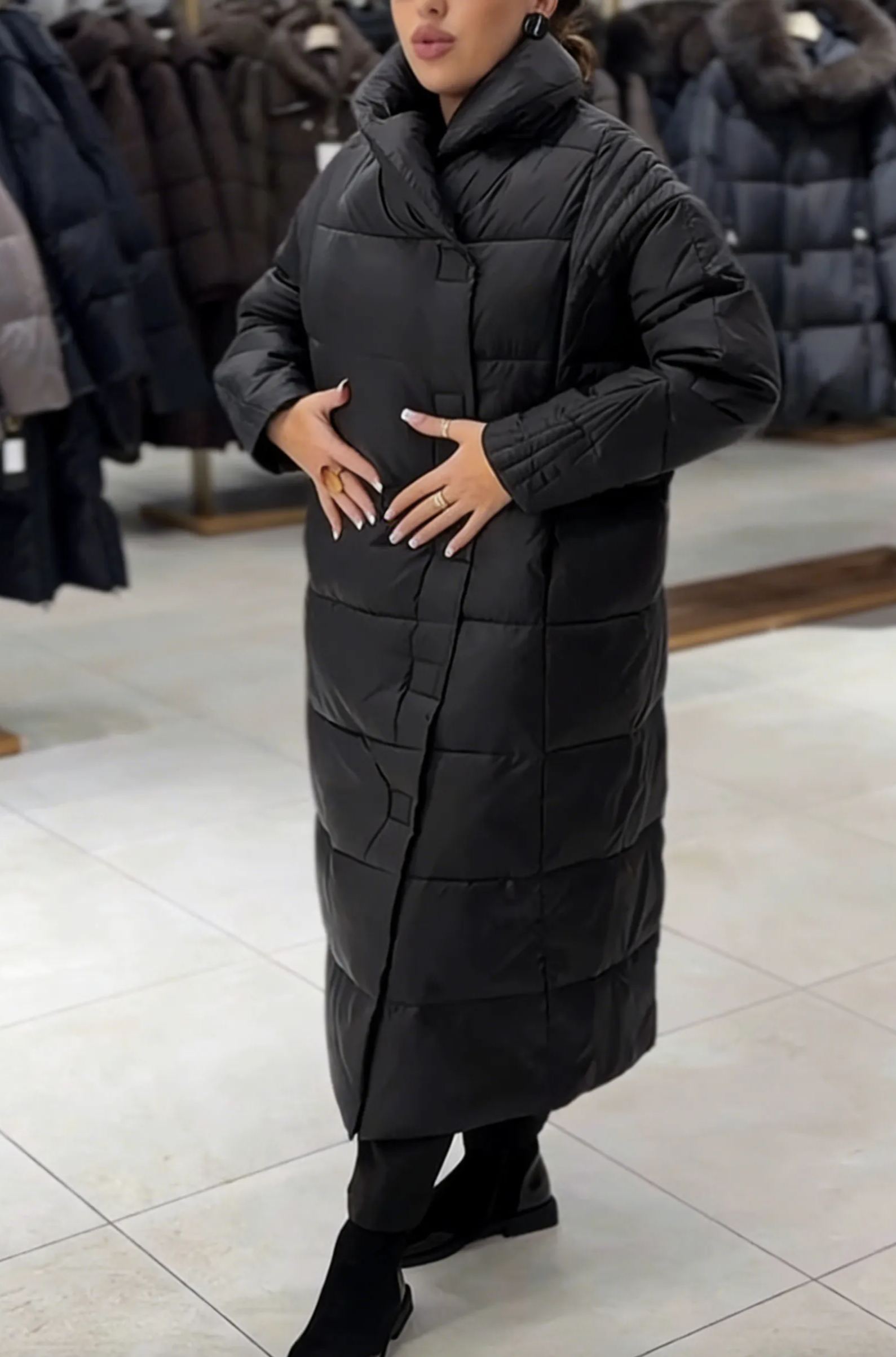 Longline Puffer Coat with Magnetic Snap Closure