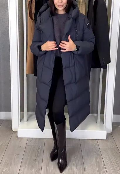 Hooded Long-Length Puffer Coat with Magnetic Closure