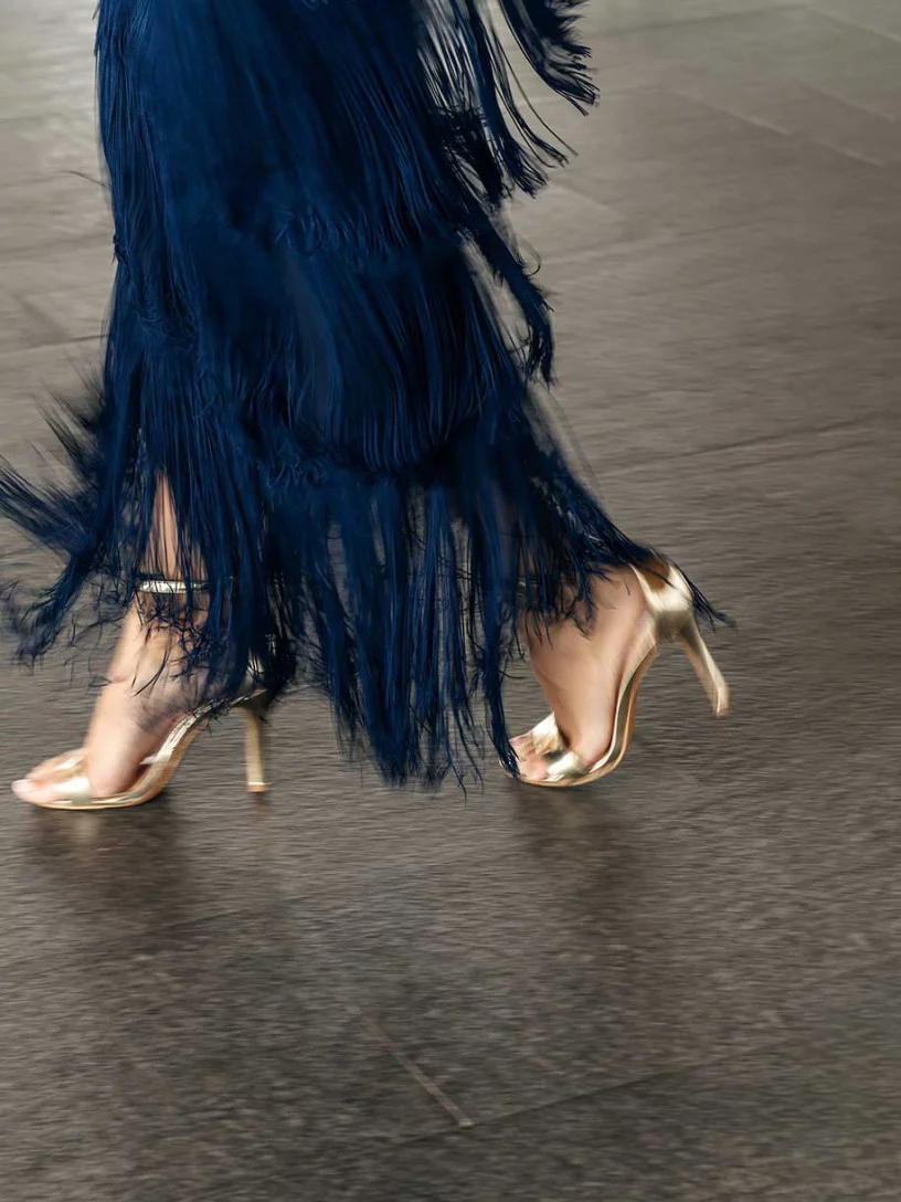 Navy Blue Draped V-Neck Fringe Dress