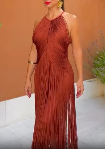 Rust Fringe Halter Dress
