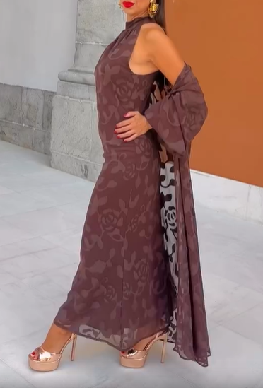 Sheer Sleeve Floral Two-Piece Gown Set