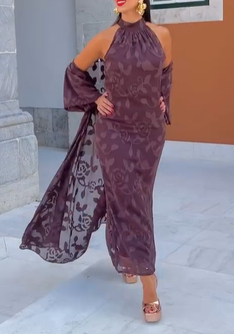 Sheer Sleeve Floral Two-Piece Gown Set