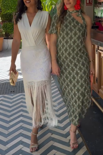 Lace Fringe V - Neck Dress