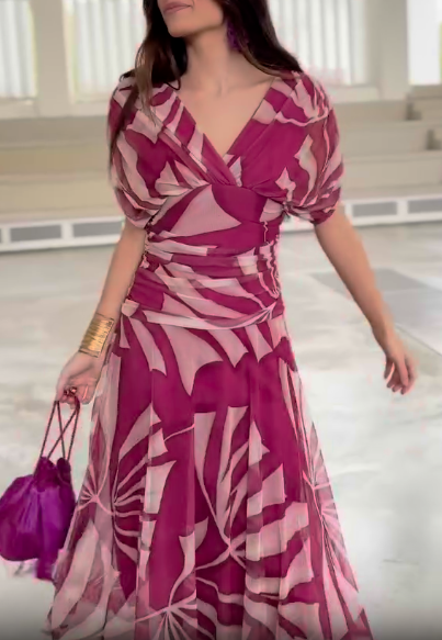 Printed bubble sleeve V-neck dress