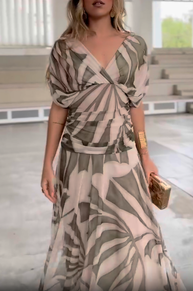 Printed bubble sleeve V-neck dress