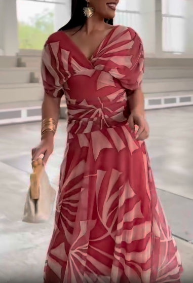 Printed bubble sleeve V-neck dress