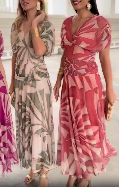 Printed bubble sleeve V-neck dress