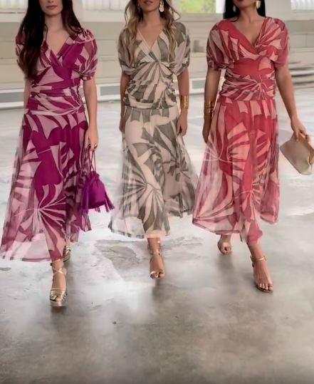 Printed bubble sleeve V-neck dress