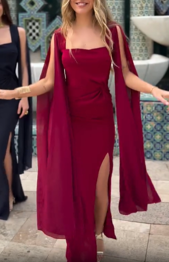 Cape sleeve slit slim-fit dress