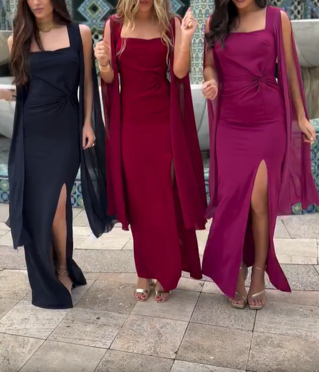 Cape sleeve slit slim-fit dress