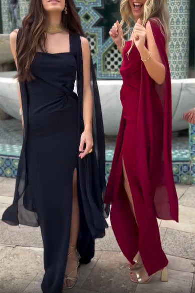 Cape sleeve slit slim-fit dress