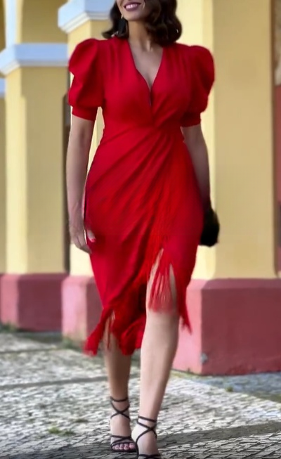 Red puff sleeve tassel dress