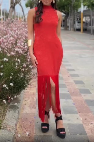 Red satin fringe halter dress