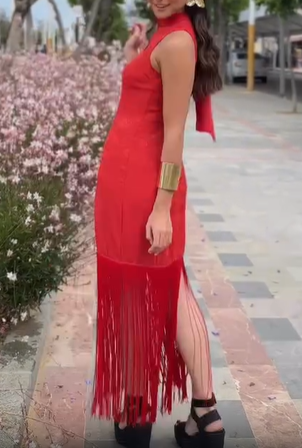 Red satin fringe halter dress