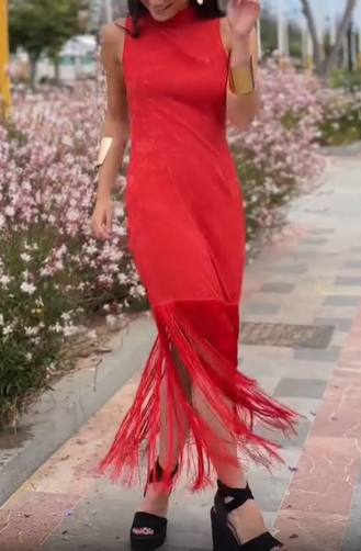 Red satin fringe halter dress