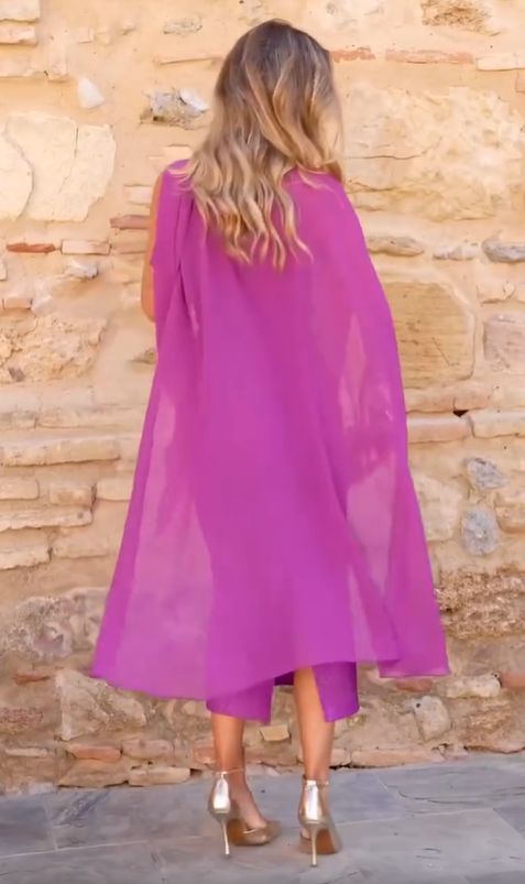 Purple floral cape dress